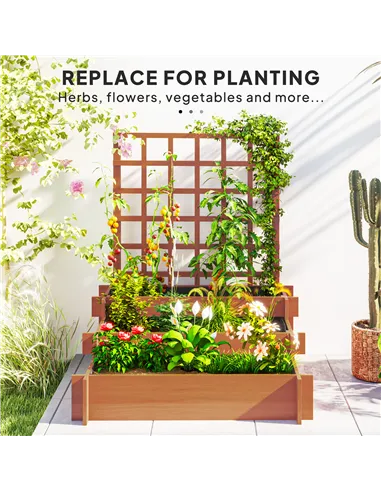 Outsunny 3 Tier Garden Planters with Trellis for Vine Climbing, Wooden Raised Beds, 95x95x110cm, Brown