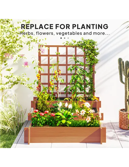 Outsunny 3 Tier Garden Planters with Trellis for Vine Climbing, Wooden Raised Beds, 95x95x110cm, Brown