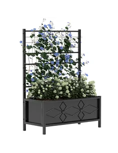 Outsunny Raised Bed for Garden with Trellis, Galvanised Planter Box with Diamond Pattern, Drainage Holes for Vegetables, Herbs a