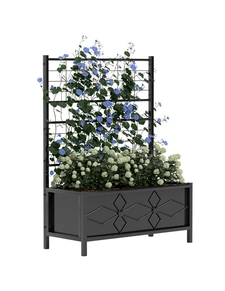 Outsunny Raised Bed for Garden with Trellis, Galvanised Planter Box with Diamond Pattern, Drainage Holes for Vegetables, Herbs a