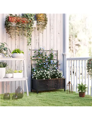 Outsunny Raised Bed for Garden with Trellis, Galvanised Planter Box with Diamond Pattern, Drainage Holes for Vegetables, Herbs a