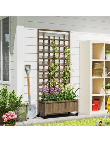 Outsunny Wooden Trellis Planter, Raised Garden Bed with Wheels, to Climb and Grow Vegetables, Herbs and Flowers, Brown