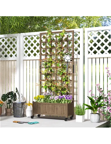 Outsunny Wooden Trellis Planter, Raised Garden Bed with Wheels, to Climb and Grow Vegetables, Herbs and Flowers, Brown
