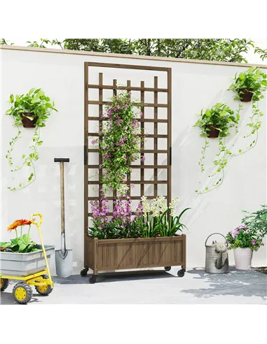 Outsunny Wooden Trellis Planter, Raised Garden Bed with Wheels, to Climb and Grow Vegetables, Herbs and Flowers, Brown
