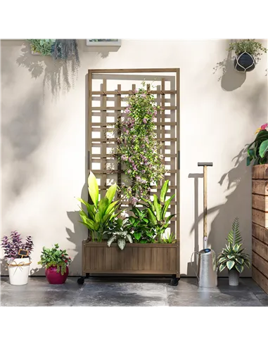 Outsunny Wooden Trellis Planter, Raised Garden Bed with Wheels, to Climb and Grow Vegetables, Herbs and Flowers, Brown