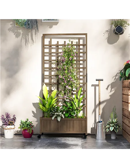 Outsunny Wooden Trellis Planter, Raised Garden Bed with Wheels, to Climb and Grow Vegetables, Herbs and Flowers, Brown