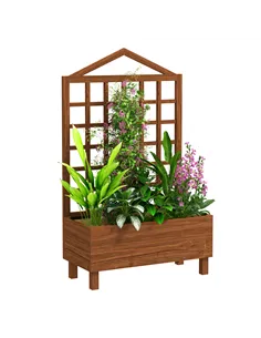 Outsunny Garden Planters with Trellis for Vine Climbing, Distressed Wooden Raised Beds, 90x43x150cm, Brown