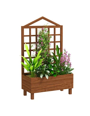 Outsunny Garden Planters with Trellis for Vine Climbing, Distressed Wooden Raised Beds, 90x43x150cm, Brown