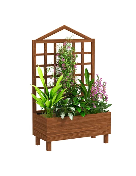 Outsunny Garden Planters with Trellis for Vine Climbing, Distressed Wooden Raised Beds, 90x43x150cm, Brown