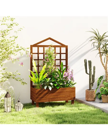 Outsunny Garden Planters with Trellis for Vine Climbing, Distressed Wooden Raised Beds, 90x43x150cm, Brown