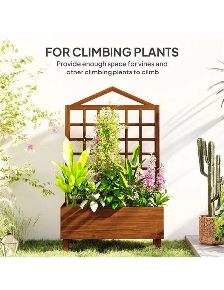 Outsunny Garden Planters with Trellis for Vine Climbing, Distressed Wooden Raised Beds, 90x43x150cm, Brown