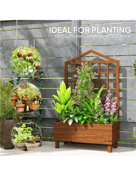 Outsunny Garden Planters with Trellis for Vine Climbing, Distressed Wooden Raised Beds, 90x43x150cm, Brown