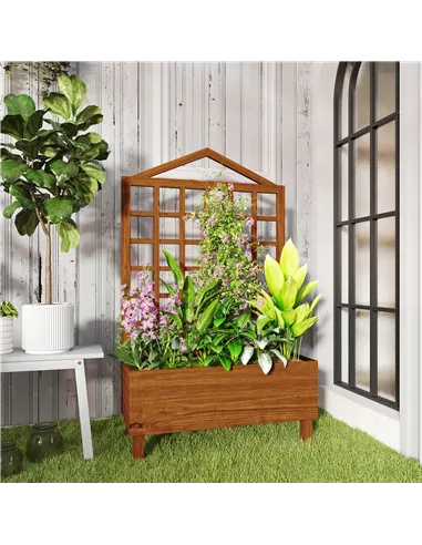 Outsunny Garden Planters with Trellis for Vine Climbing, Distressed Wooden Raised Beds, 90x43x150cm, Brown