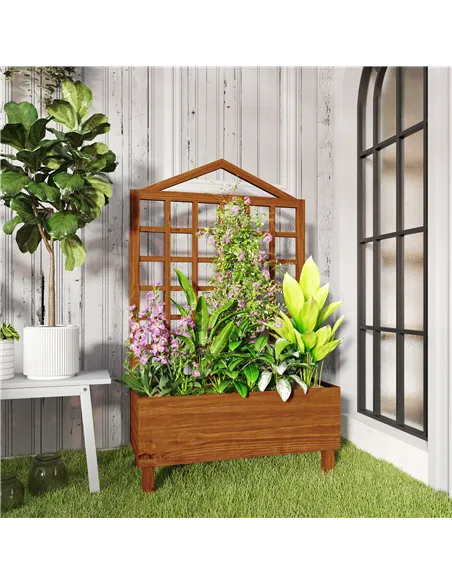 Outsunny Garden Planters with Trellis for Vine Climbing, Distressed Wooden Raised Beds, 90x43x150cm, Brown