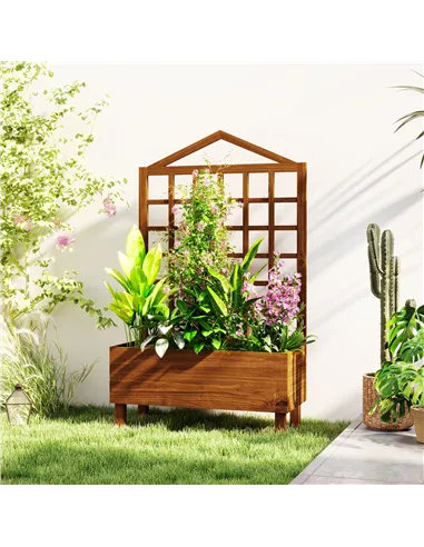 Outsunny Garden Planters with Trellis for Vine Climbing, Distressed Wooden Raised Beds, 90x43x150cm, Brown