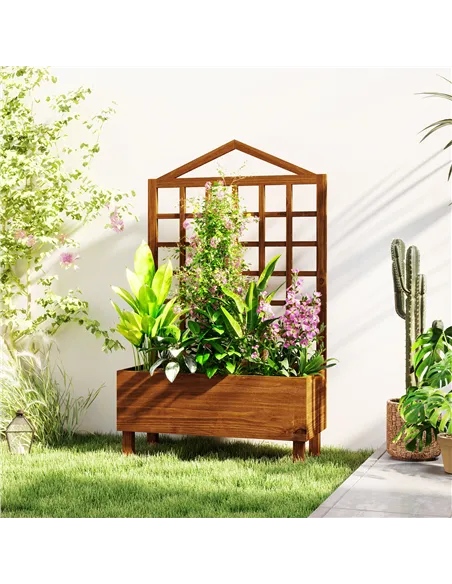 Outsunny Garden Planters with Trellis for Vine Climbing, Distressed Wooden Raised Beds, 90x43x150cm, Brown