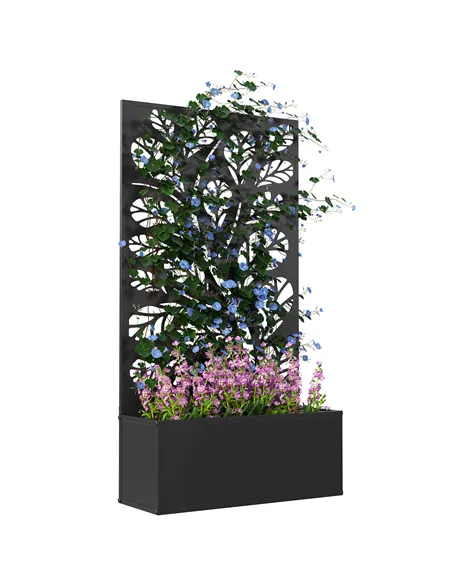 Outsunny Outdoor Metal Planter, with Back Trellis - Black