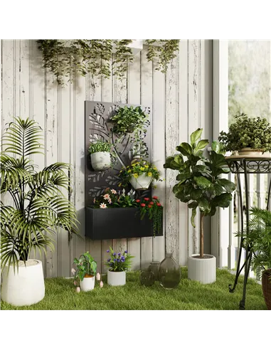 Outsunny Outdoor Metal Planter, with Back Trellis - Black