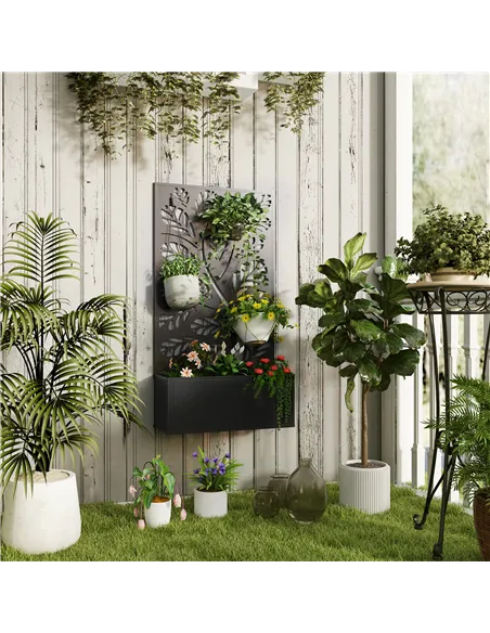Outsunny Outdoor Metal Planter, with Back Trellis - Black