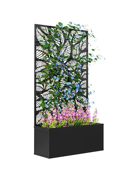 Outsunny Outdoor Metal Planter, with Back Trellis - Black