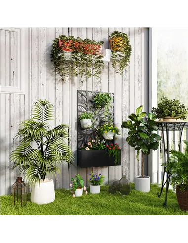 Outsunny Outdoor Metal Planter, with Back Trellis - Black