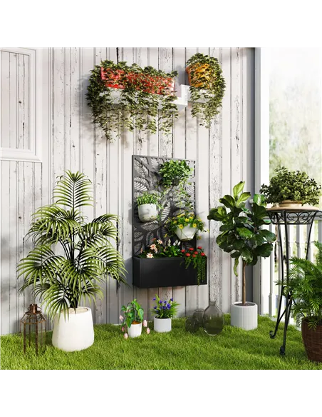 Outsunny Outdoor Metal Planter, with Back Trellis - Black