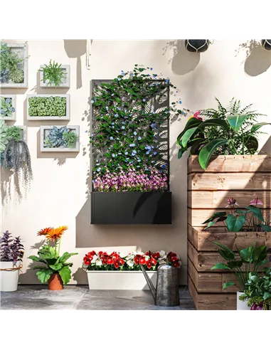 Outsunny Outdoor Metal Planter, with Back Trellis - Black