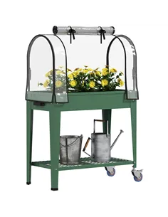 Outsunny Raised Planter with Greenhouse Cover, Mobile Elevated Garden Bed with Wheels and Bottom Shelf for Vegetables, Green