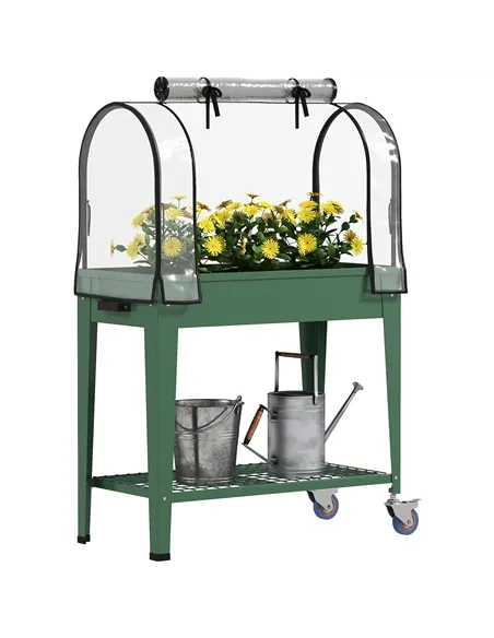 Outsunny Raised Planter with Greenhouse Cover, Mobile Elevated Garden Bed with Wheels and Bottom Shelf for Vegetables, Green
