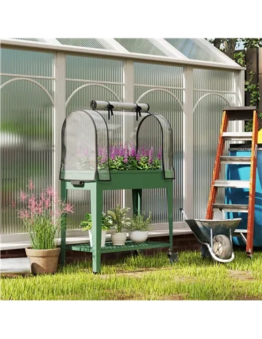 Outsunny Raised Planter with Greenhouse Cover, Mobile Elevated Garden Bed with Wheels and Bottom Shelf for Vegetables, Green