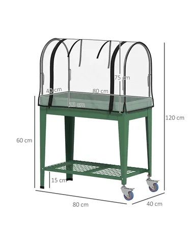Outsunny Raised Planter with Greenhouse Cover, Mobile Elevated Garden Bed with Wheels and Bottom Shelf for Vegetables, Green