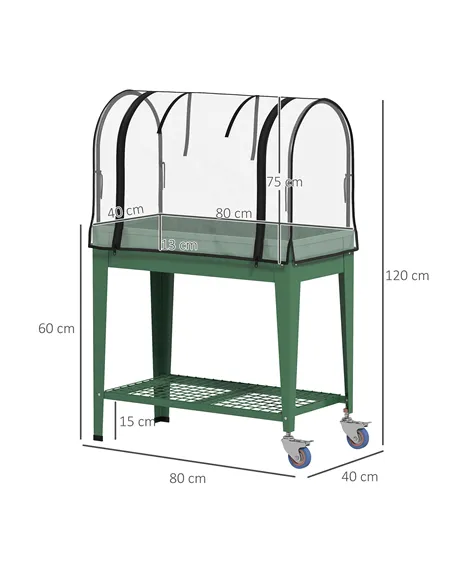 Outsunny Raised Planter with Greenhouse Cover, Mobile Elevated Garden Bed with Wheels and Bottom Shelf for Vegetables, Green