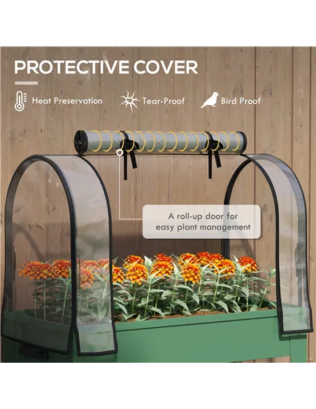 Outsunny Raised Planter with Greenhouse Cover, Mobile Elevated Garden Bed with Wheels and Bottom Shelf for Vegetables, Green