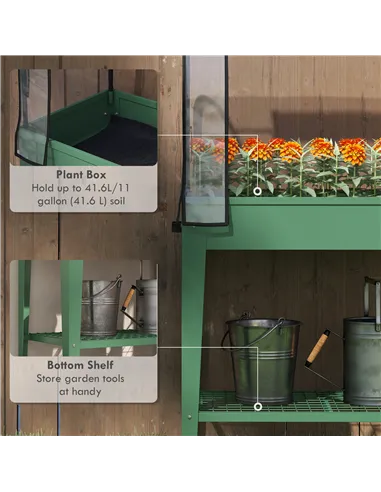 Outsunny Raised Planter with Greenhouse Cover, Mobile Elevated Garden Bed with Wheels and Bottom Shelf for Vegetables, Green