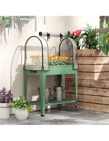 Outsunny Raised Planter with Greenhouse Cover, Mobile Elevated Garden Bed with Wheels and Bottom Shelf for Vegetables, Green