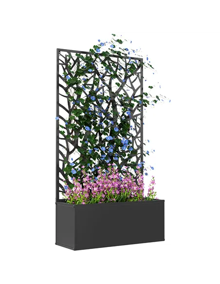 Outsunny Outdoor Metal Planter, with Back Trellis - Black