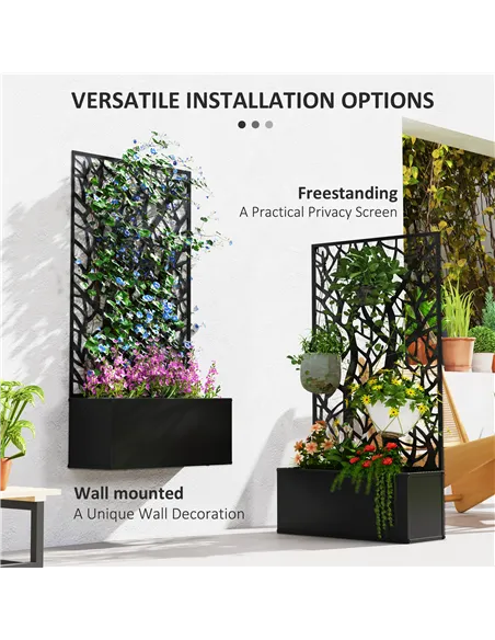 Outsunny Outdoor Metal Planter, with Back Trellis - Black
