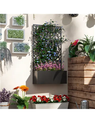 Outsunny Outdoor Metal Planter, with Back Trellis - Black