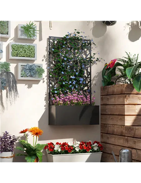 Outsunny Outdoor Metal Planter, with Back Trellis - Black