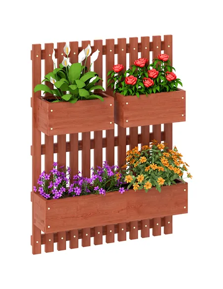 Outsunny Wall-mounted Wooden Garden Planters with Trellis, Drainage Holes and 3 Planter Boxes for Patio, Brown