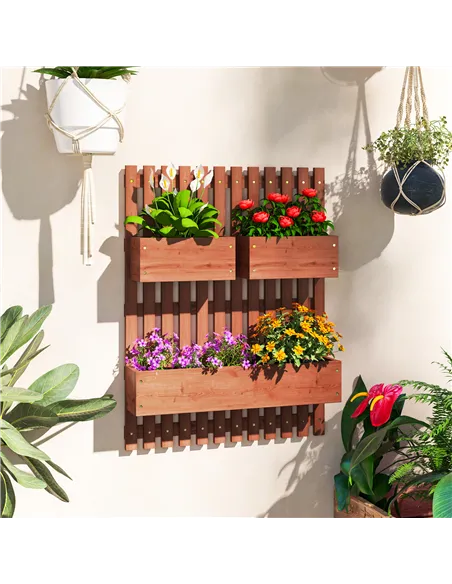 Outsunny Wall-mounted Wooden Garden Planters with Trellis, Drainage Holes and 3 Planter Boxes for Patio, Brown