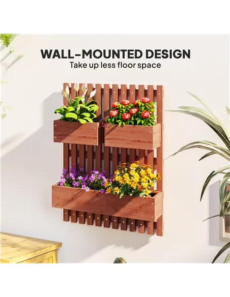 Outsunny Wall-mounted Wooden Garden Planters with Trellis, Drainage Holes and 3 Planter Boxes for Patio, Brown