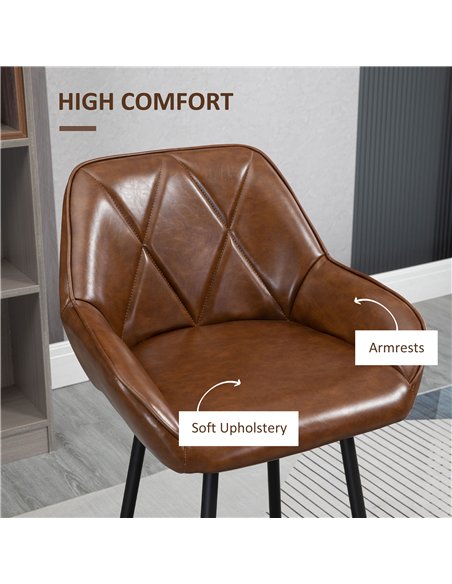 HOMCOM Retro Bar Stools Set of 2, Breakfast Bar Chairs with Footrest, Kitchen Stools with Backs and Steel Legs, for Dining Area 
