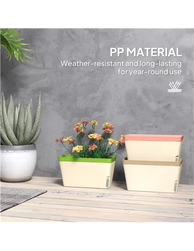 Outsunny Set of 3 Self Watering Plant Pots Outdoor, 27cm Rectangular Garden Planters with Visual Water Level Window, Plastic Flo