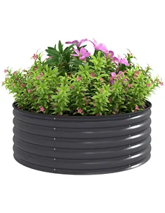 Outsunny Galvanised Raised Garden Bed with Safety Edging, Outdoor Raised Planter Box with Gloves, 120 x 120 x 43cm, Dark Grey