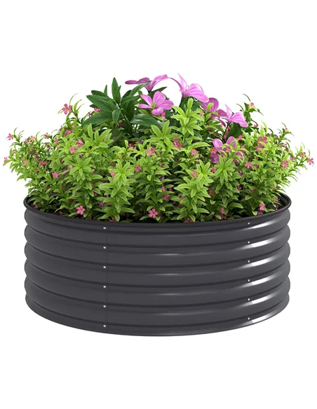 Outsunny Galvanised Raised Garden Bed with Safety Edging, Outdoor Raised Planter Box with Gloves, 120 x 120 x 43cm, Dark Grey