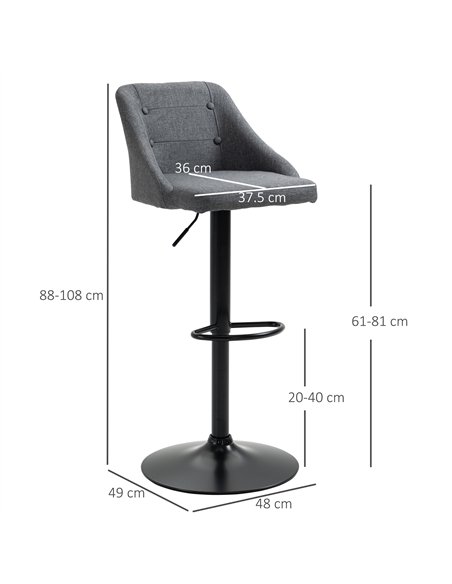 HOMCOM Modern Adjustable Bar Stools Set of 2, Swivel Fabric Barstools with Footrest, Armrests and Back, for Kitchen Counter and 
