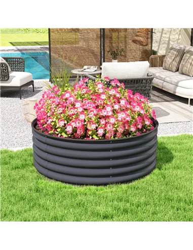 Outsunny Galvanised Raised Garden Bed with Safety Edging, Outdoor Raised Planter Box with Gloves, 120 x 120 x 43cm, Dark Grey