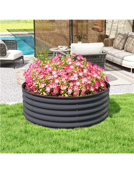Outsunny Galvanised Raised Garden Bed with Safety Edging, Outdoor Raised Planter Box with Gloves, 120 x 120 x 43cm, Dark Grey