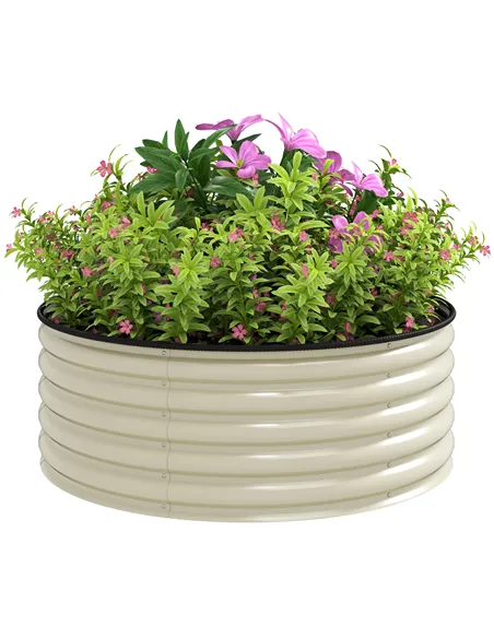 Outsunny Galvanised Raised Garden Bed with Safety Edging, Outdoor Raised Planter Box with Gloves, 120 x 120 x 43cm, Cream White